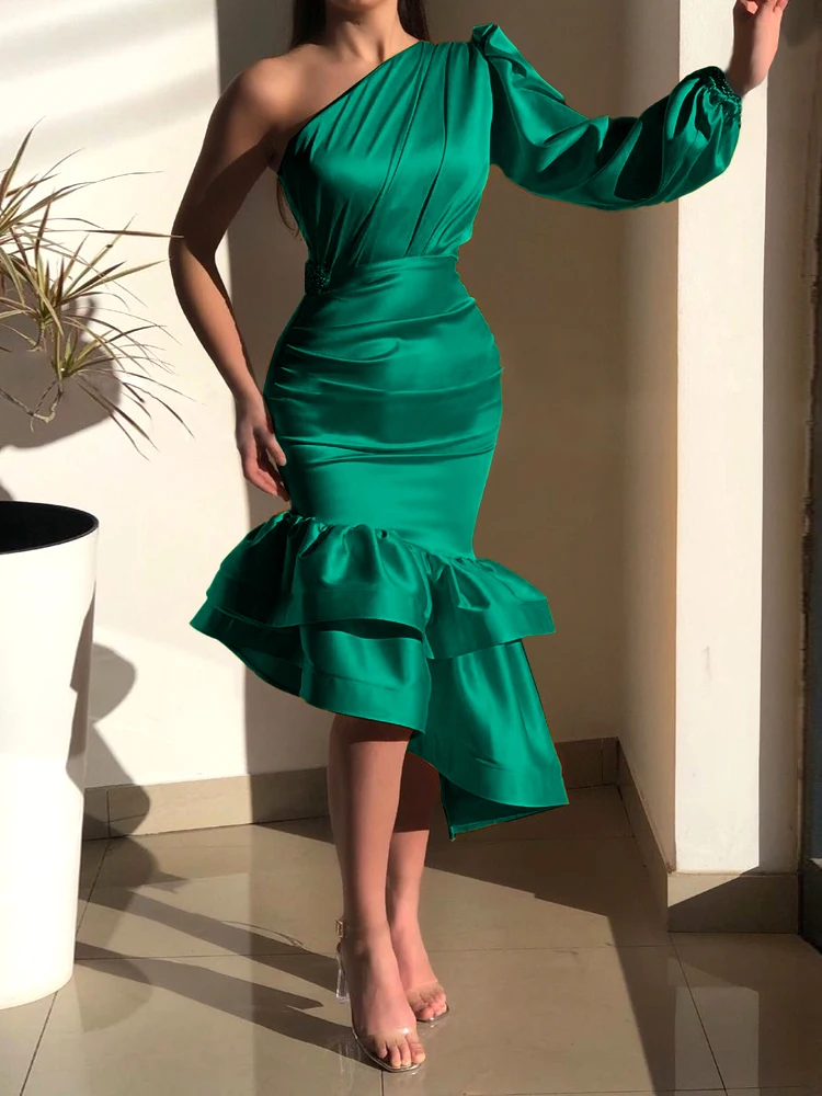 

Green One Shoulder Dresses Elegant Women Long Sleeve Eimpire Bodycon Shiny Gowns Irregular Satin Outfit for Ladies Evening Party