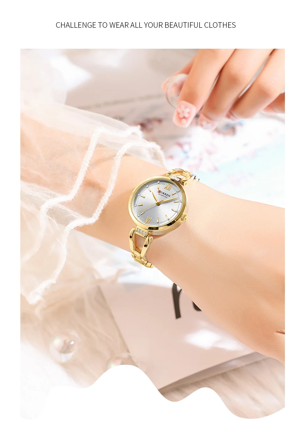 CURREN Luxusmarke Damen-Armbanduhr, wasserdicht, Edelstahlarmband, elegantes, charmantes Zifferblatt mit Strasssteinen, Damenuhr – Detail 13