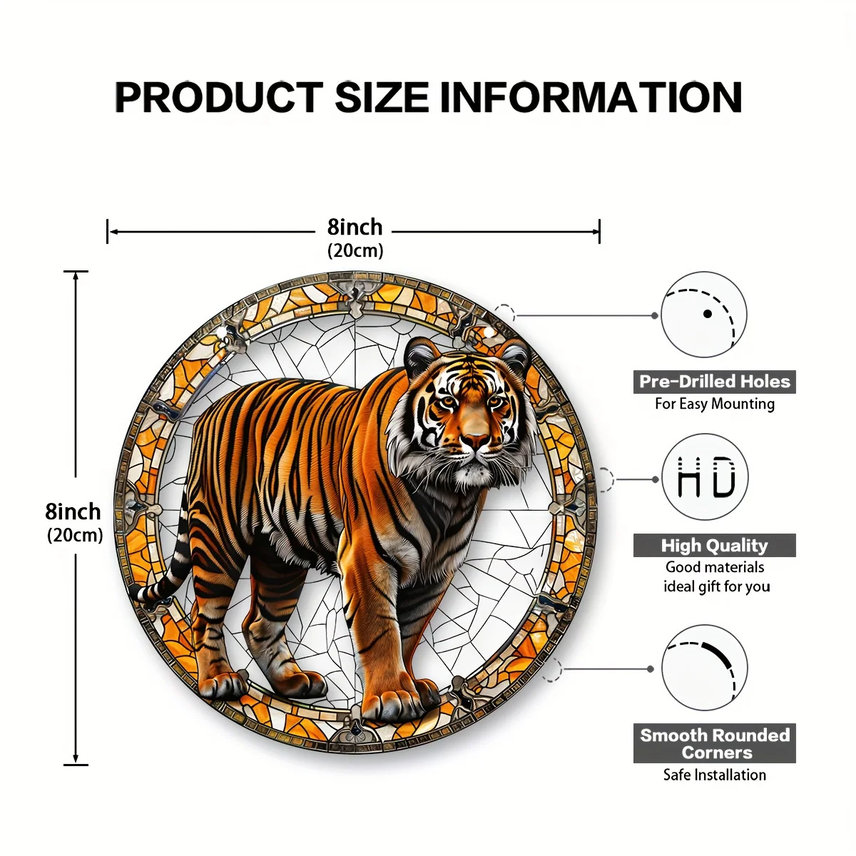 2D Flat, 1pc Acrylic Bengal Tiger Stained Glass Pendant, Sun Catcher with Pre-drilled Holes for Easy Installation, Smooth Edges