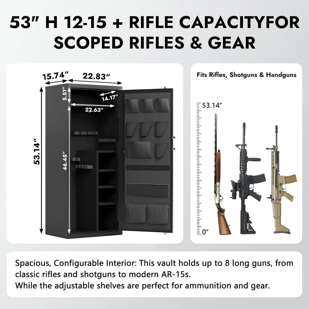Biometric Safe for 18-20 Gauge Firearms, Adjustable Storage for Rifles, Pistols, and Shotguns