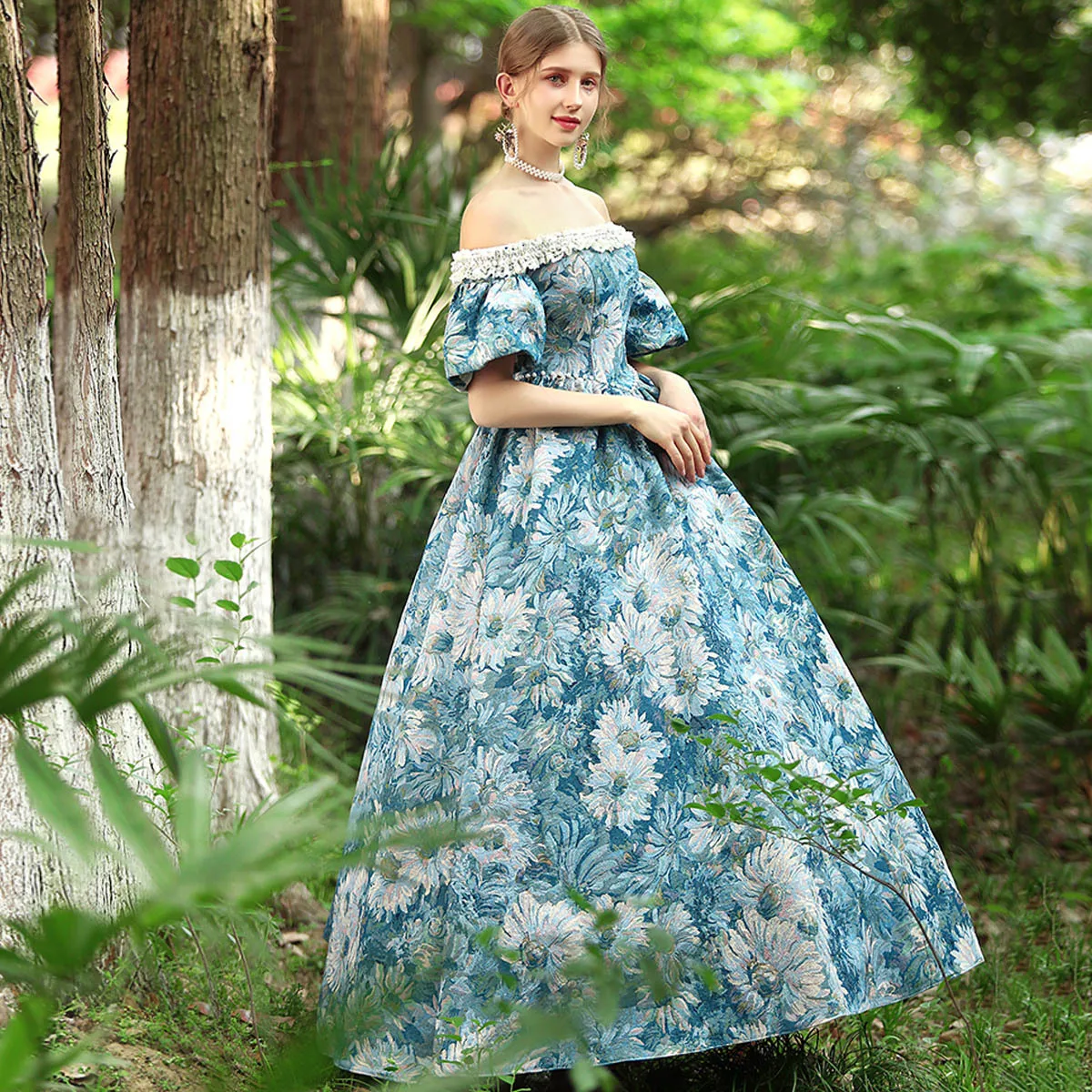 الأزرق الداكن الأميرة النبيلة النفط اللوحة السفر صور مأدبة زي حفلة الدراما أداء فستان بريطاني Vestidos Fiesta De Lujo