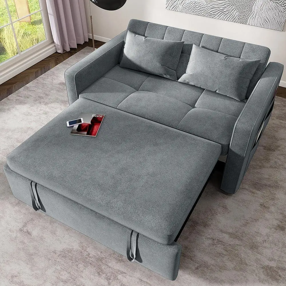 55 inch Convertible Sofa Bed 3 in 1 Velvet Sleeper Sofa Adjustable Backrest Sturdy Structure with Storage Side Pockets and