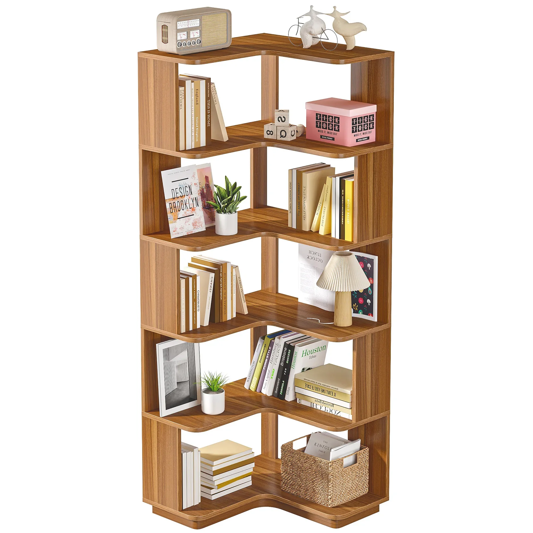 64.96 Inch Tall Industrial Corner Bookcase with Anti-Drop Panel,Wood Grain Corner Shelf