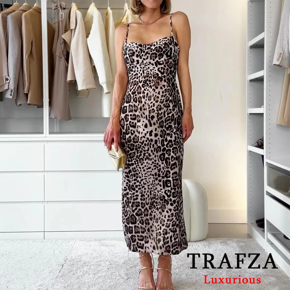 TRAFZA Vintage Leopard Print Women Long Dress Fashion 2024 Summer Backless Long Cami Dress Elegant Party Holiday Women Dress