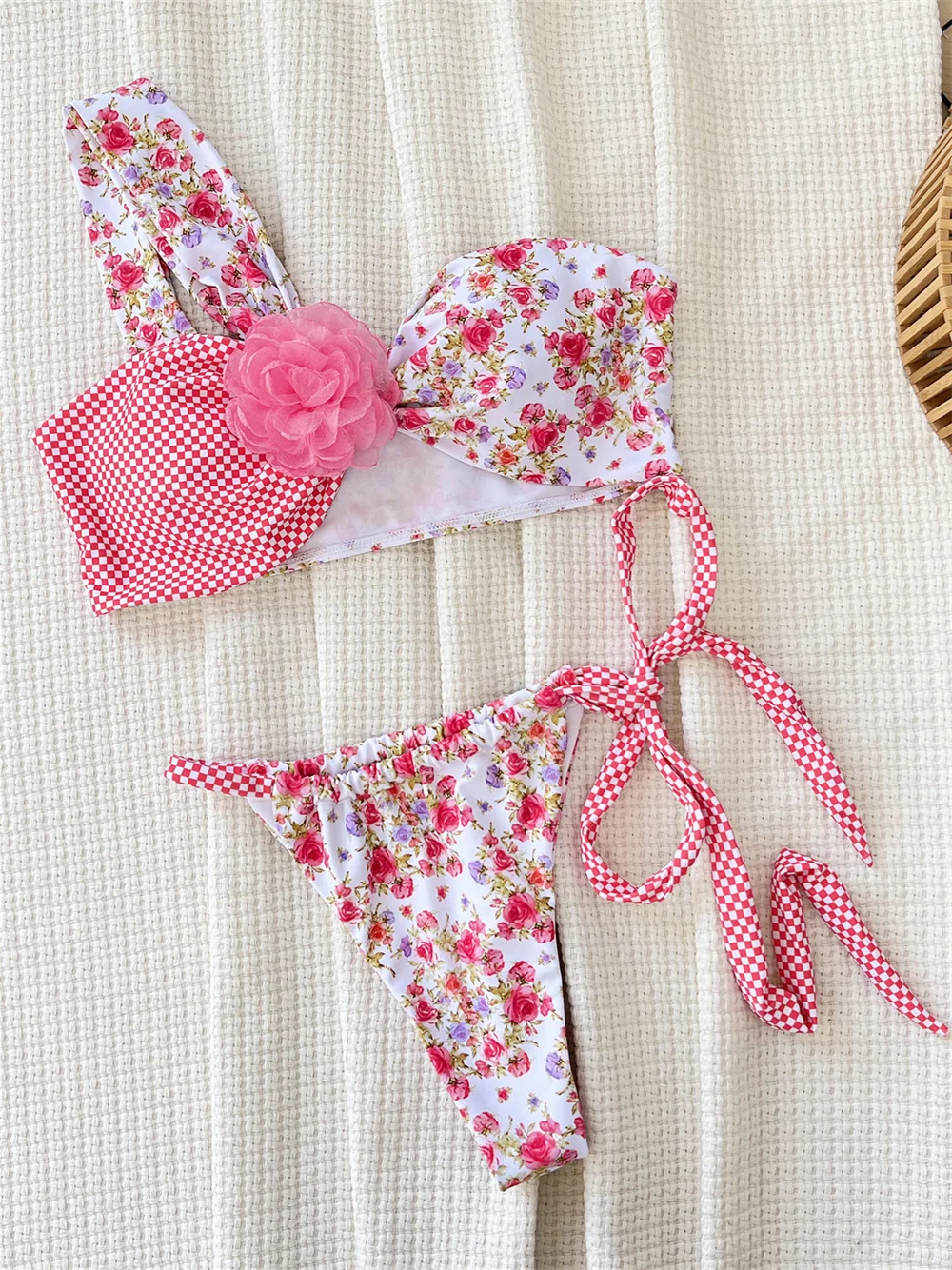 3D Pink Flower Bikini Kawaii Floral Plaid Swimsuit Y2K Bandage Bikinis Vacation Swimwear Women Beach Outfit Bathing Suit Biquini
