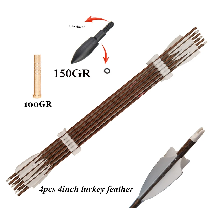 Archery Carbon Arrows, Wood Skin, ID6.2mm, Turkey Feather, 150g Tips, Traditional Bow, Hunting Accessories, 4Pcs, 3Inch, 6Pcs