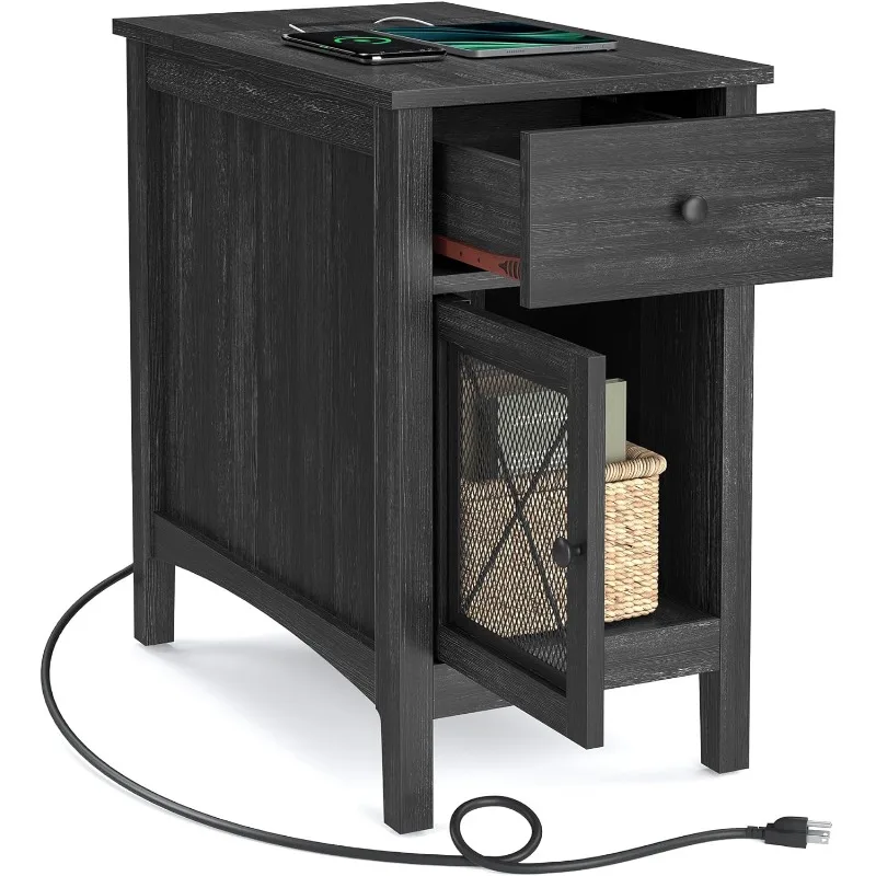 Side Table with Storage, End Table with USB Ports and Outlets, Nightstand with Charging Station, Drawer, Storage Cabinet