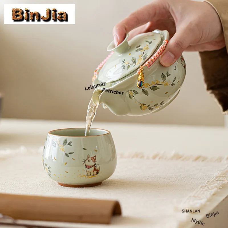 150ml Hand Painted Osmanthus Kitten Hand Grab Teapot Aesthetic Tea Infuser Pot Tea Soaking Kettle With Strainer Tea Set Craft