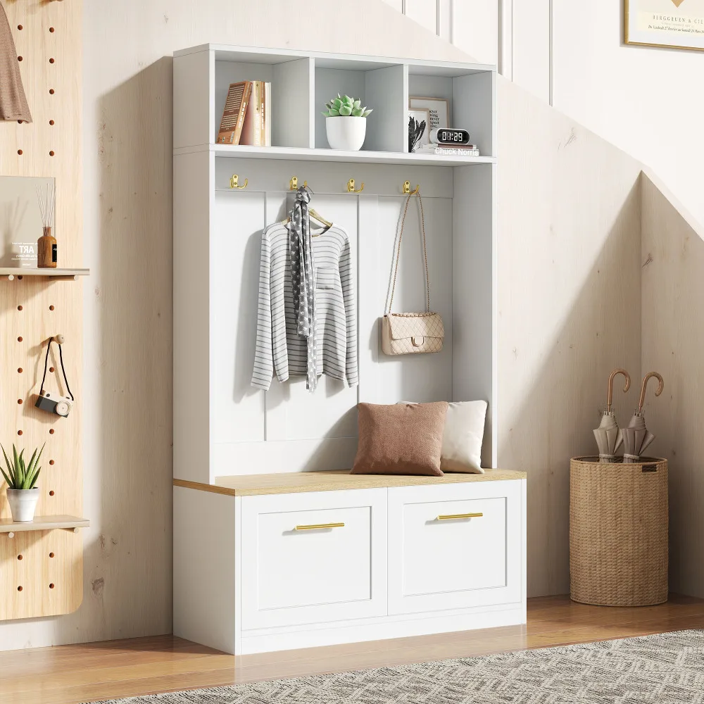 PINGGO Naturweißes Kompaktes Kleiderschrank-Set mit Sitzbank 2 Türen Offene Aufbewahrung 4 Haken 105x40x180cm – Detail 8