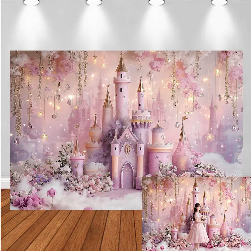 

LS Photography Backdrop Dreamy Princess Castle Pink Flower Decor Birthday Cake Smash Kids Adult Portrait Photo Background Studio