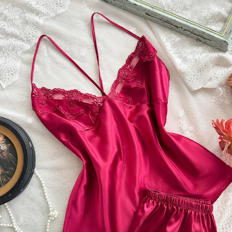 2026 Hot Selling Home Clothes Wine Red High-end Simulation Silk Suspender Top and Pants Two-piece Set for Women