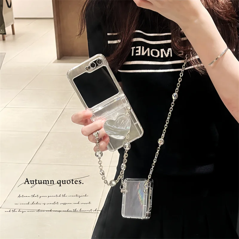 Korean Luxury Crossbody Chain Phone Case For Samsung Galaxy Z Flip 5 4 3 Z Flip5 ZFlip 5 ZFlip5 Laser Feather Cards Back Cover