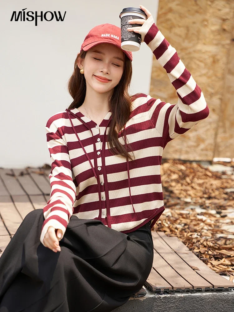 MISHOW Blended Striped Knitted Cardigan for Women Autumn Korean Hooded V Neck Streetwear Casual Versatile Tops MXC43Z0210