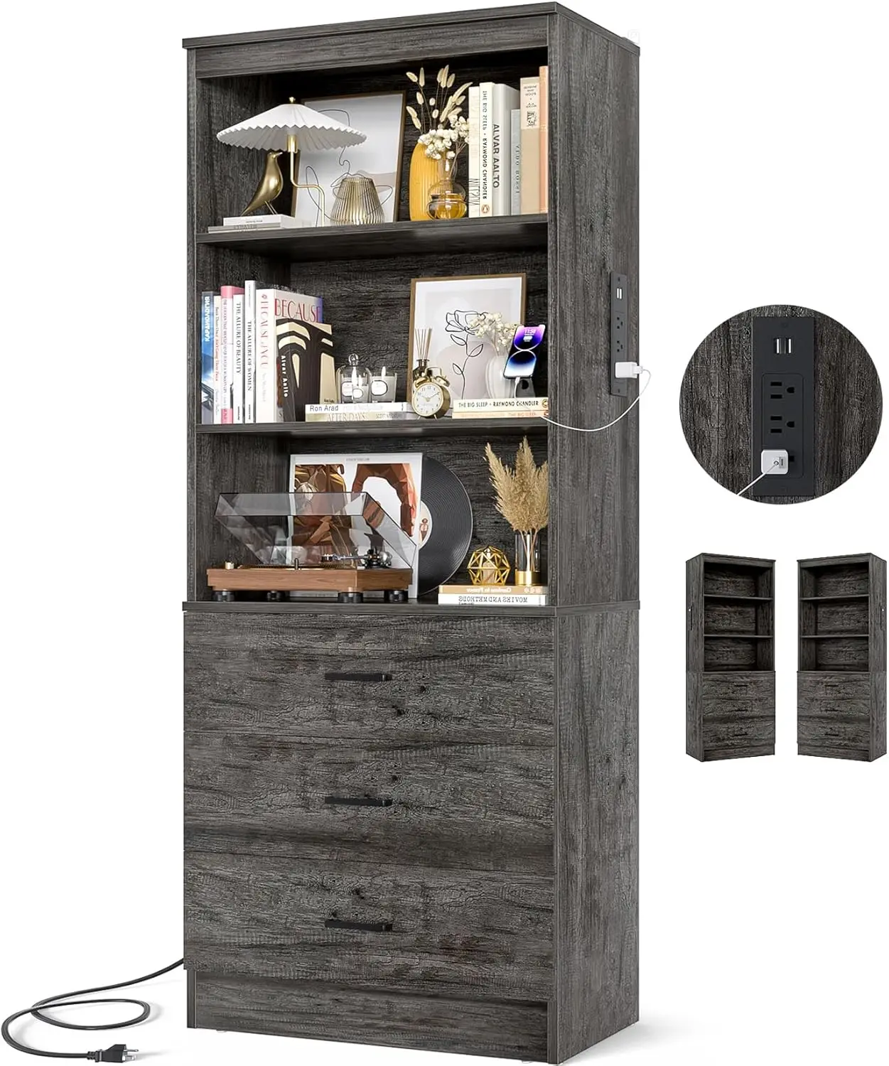 

71 Inches Bookshelf with USB Ports and Outlets, Wooden Bookcase with 3 Drawers & Open Shelves, Tall Storage Cabinet Boo