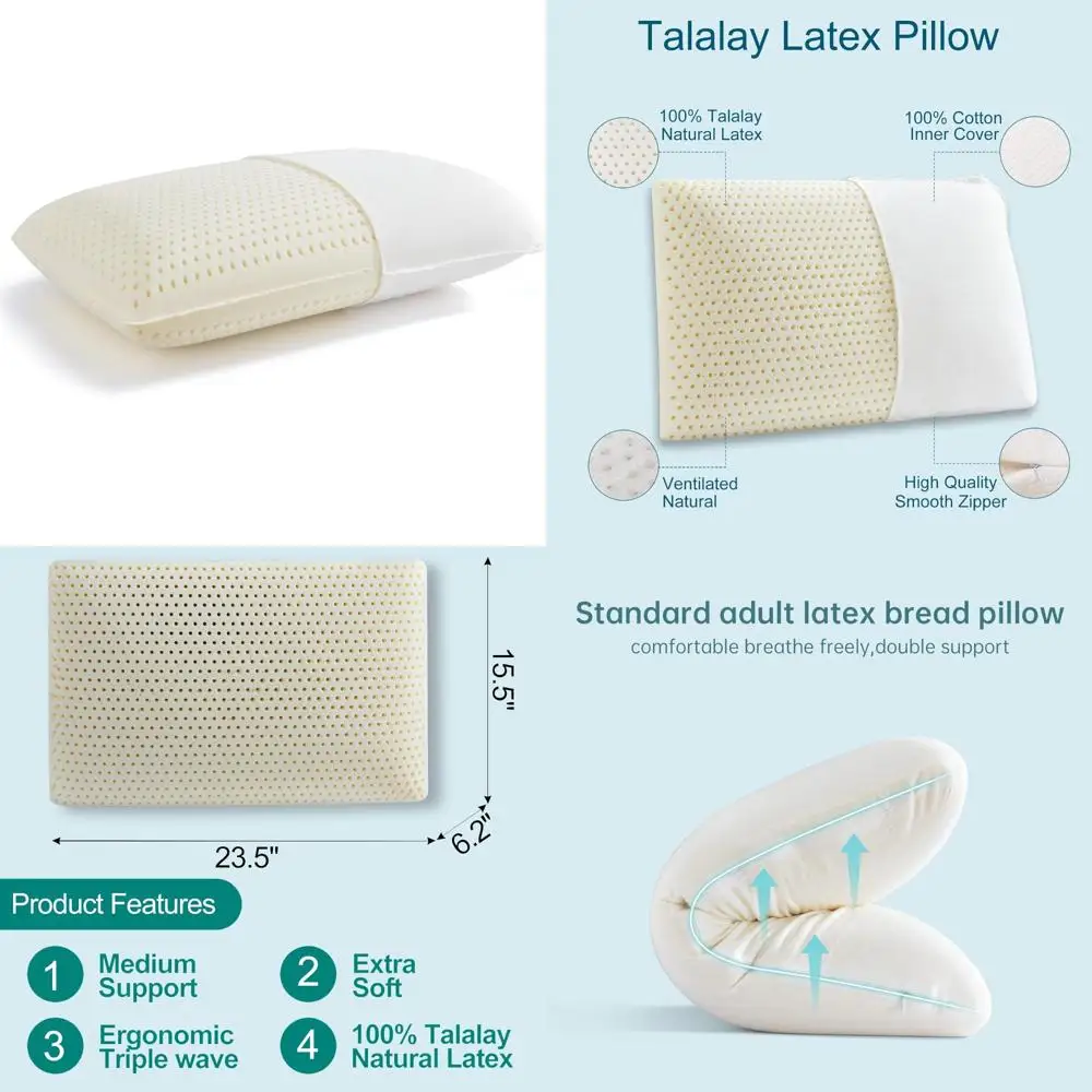 

Medium Firmness Natural Talalay Latex Pillow for Side, Back, and Stomach Sleepers with Removable Cover