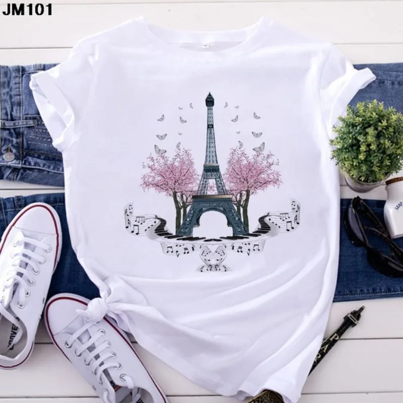 New Women's T-shirt Top Iron Tower Printed Round Neck Large Size Loose T-shirt Oversized T Shirt  Streetwear