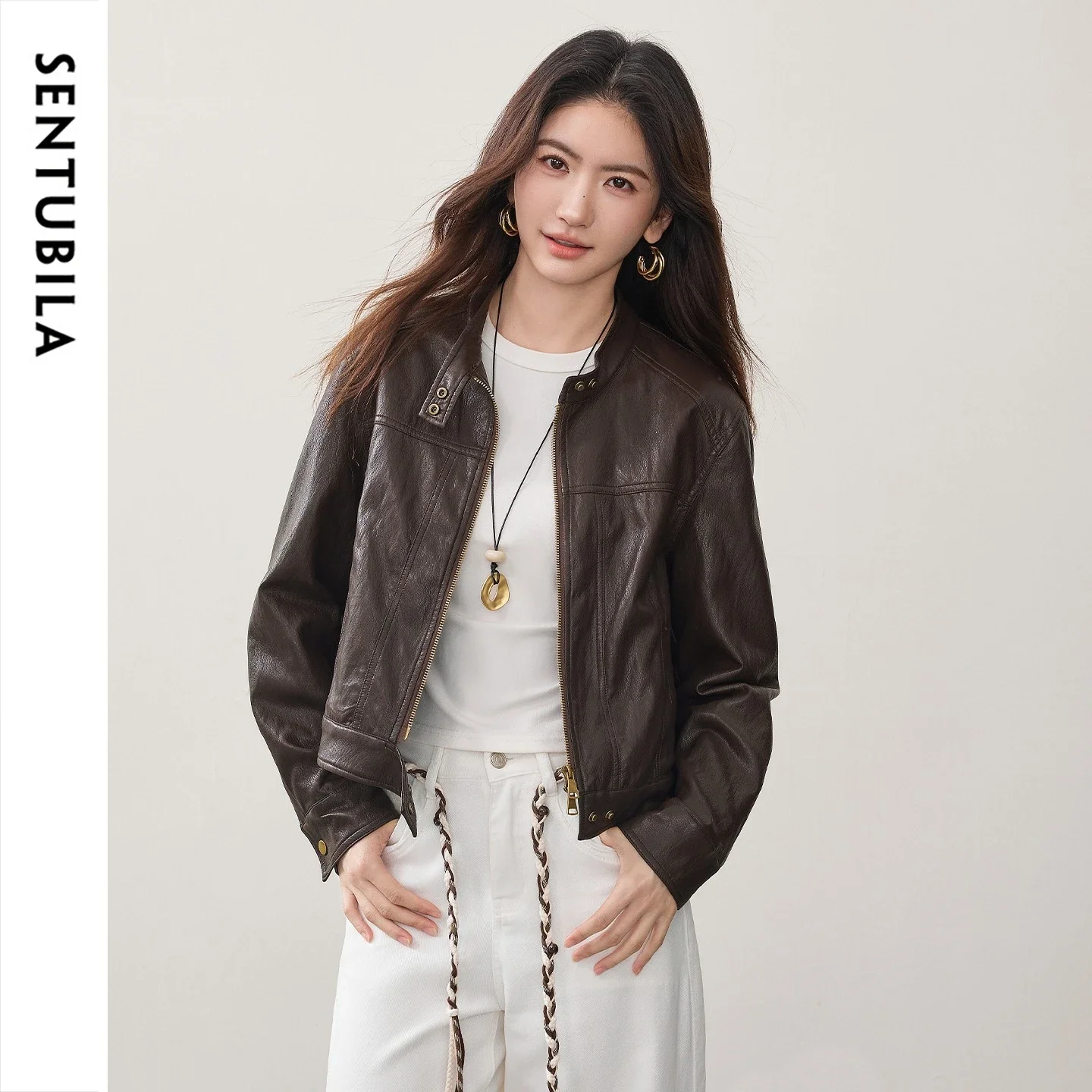 SENTUBILA Women's PU Leather Jacket 2026 Autumn Stand Collar Loose Drop Shoulder Jacket Retro Ladies Cropped Coat W63GA7906