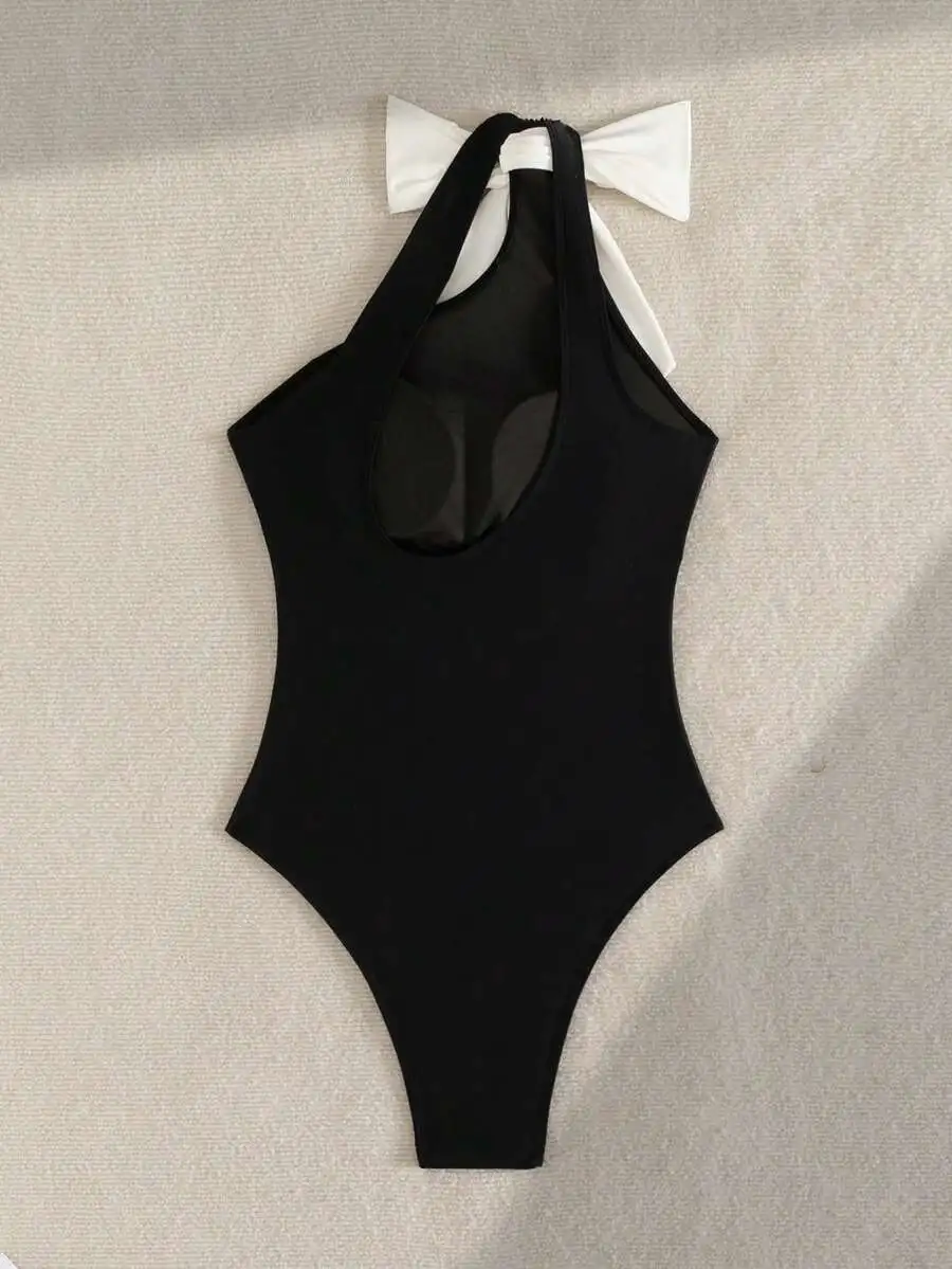 

Black One Piece Swimsuit With Halter Neck And Bow Detail Women Summer Beach Swimwear