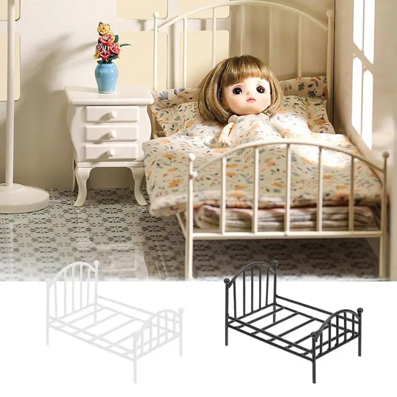 1:12 Dollhouse Iron European Bed Ornaments Miniature Furniture Dolls Pretend Toys Bedroom Decor Toy