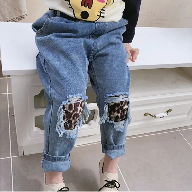 Leopard Girls Jeans With Holes Children's Jeans Patches Denim Pants For Kids Toddler Jeans Boys Ripped Trousers Clothing