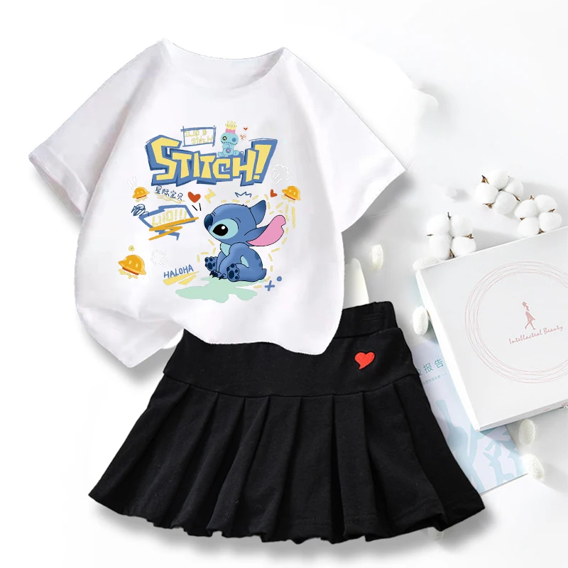 

New Cute Lilo Stitch T-shirts Skirt Set Kawaii Disney Cartoon Graphic T-shirt Kids Casual Short Sleeves Tops Summer Girl Clothes
