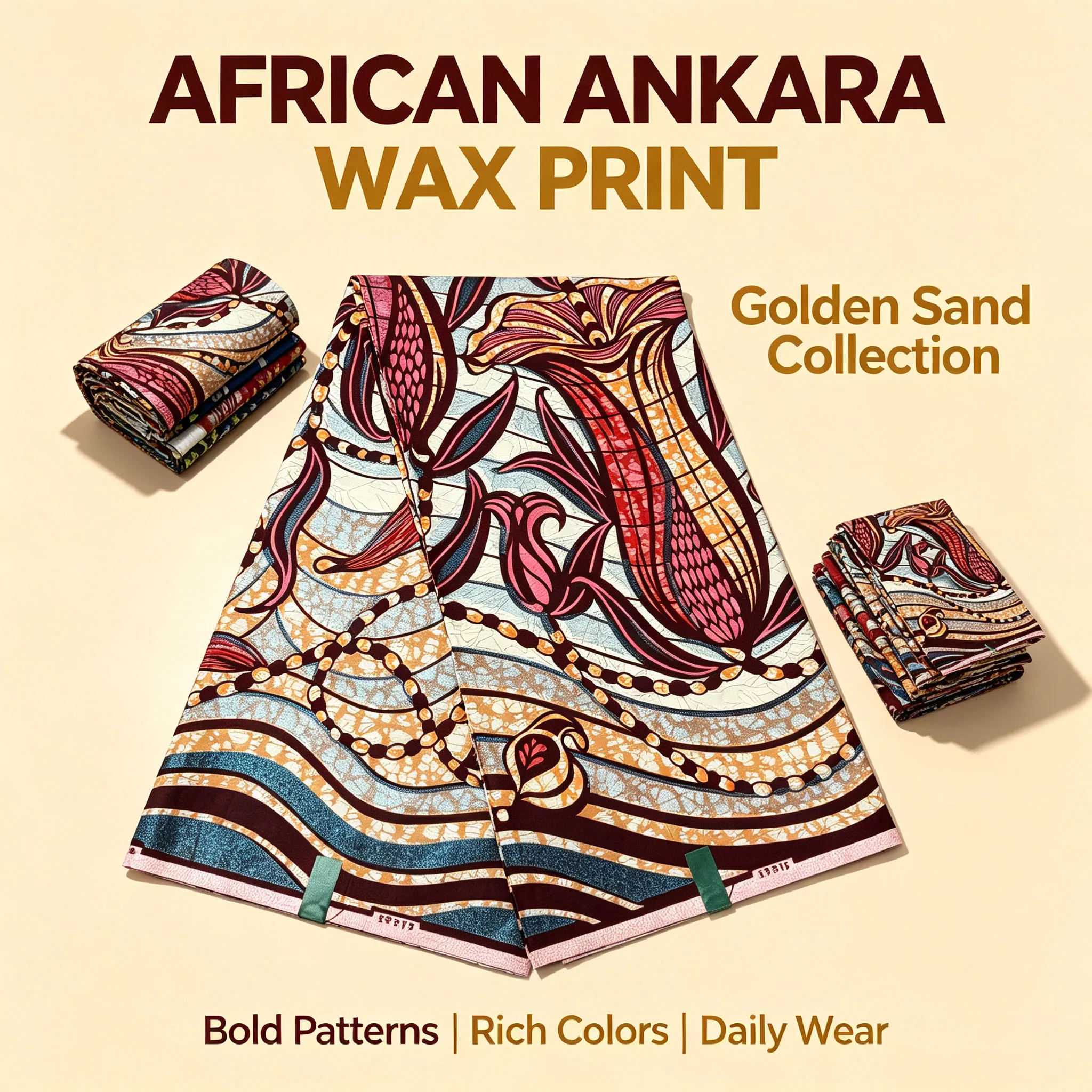 African Golden Wax Ankara Fabric 6Yards Floral Chain Print Real Wax Cloth, Cotton Batik Pagne for Women Dress Sewing DIY Craft