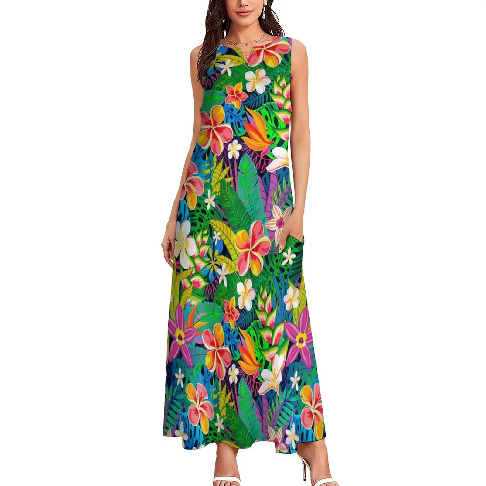 Tropical Floral Dress Summer Colorful Flowers Street Style Casual Long Dresses Women Elegant Maxi Dress Gift Idea