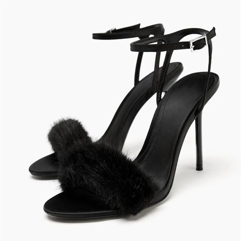 

Sexy Fluffy Luxury High Heels Women Catwalk Ankle Strap Buckle Stiletto Heel Sandals Female Black Fashion Designer Dress Shoes