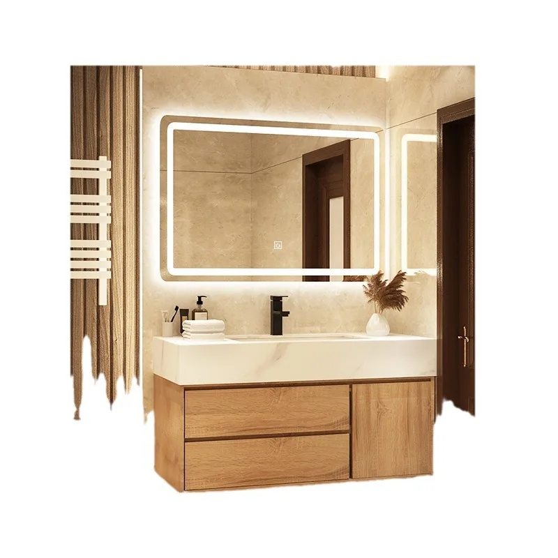 

Light luxury log color bathroom cabinet combination rock slab integrated basin sink cabinet toilet