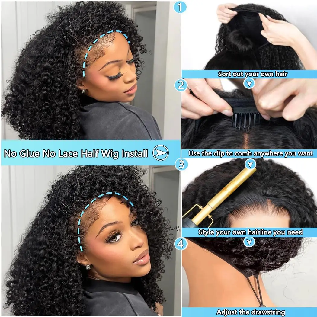 Afro krullende halve pruik 250 dichtheid menselijk haar machinaal gemaakte pruiken menselijk haar 20 inch krullend 3 in 1 halve pruiken voor vrouwen trekkoord