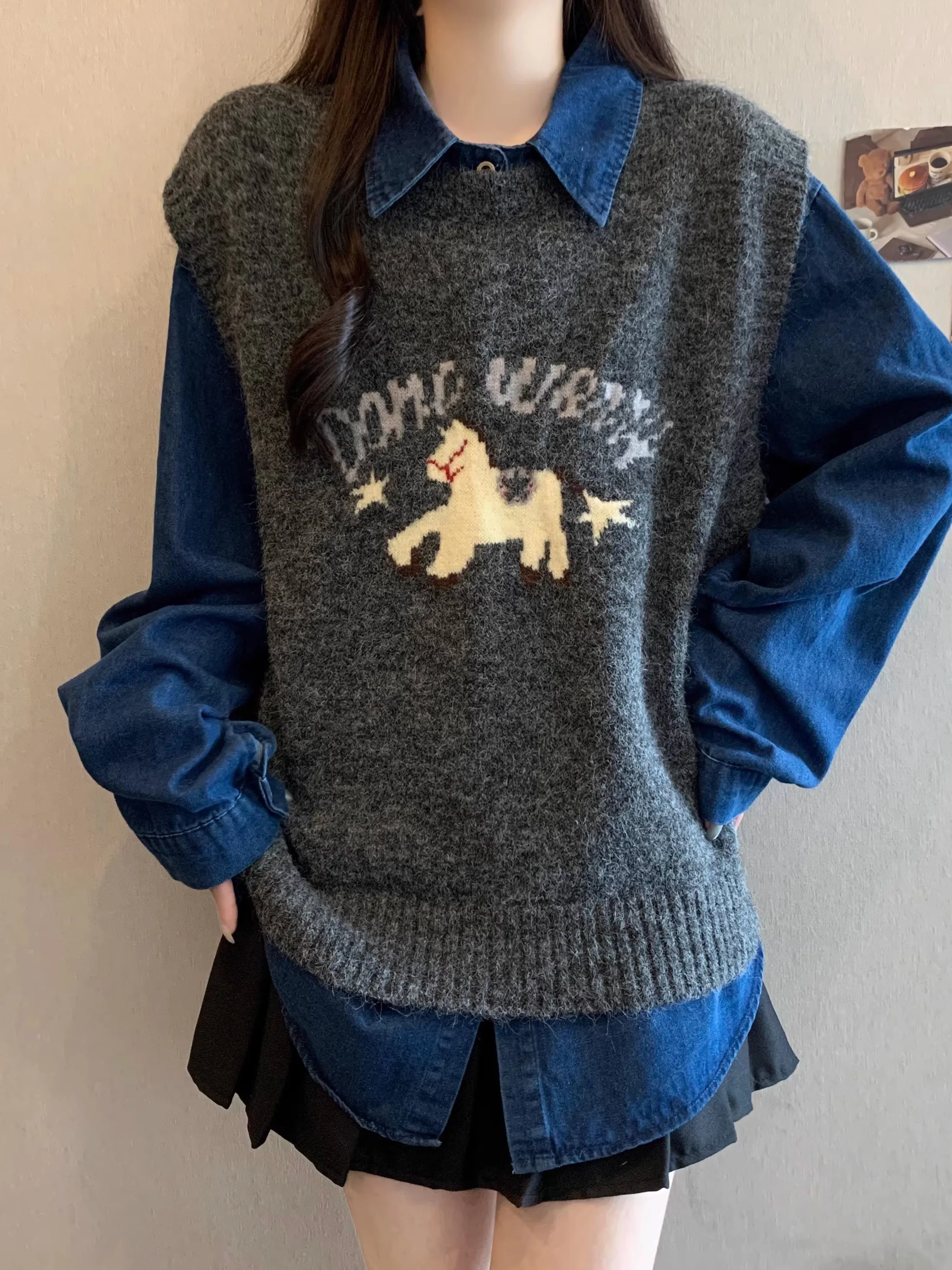 

Ay вязаный жилет, топ, женские свободные джинсы больших размеров, комплект из двух предметов, зимняя модная одежда, повседневный комплект для поездок на работу