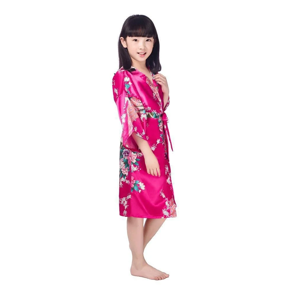 Kids Satin Floral Kimono Robe Flower Girl Peacock Bath Robes for Wedding Spa Party Gifts Bridal Lingerie Sleepwear Bathrobe