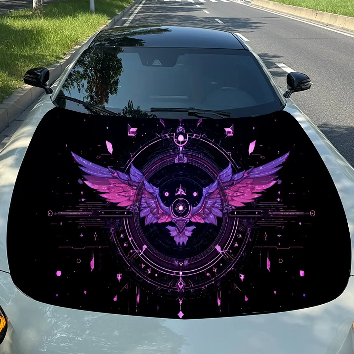 Purple Winged Sci-Fi Holy Emblem Car Vinyl Wrap, PVC Material Waterproof Car Hood Sticker, Self-Adhesive Scratch-Resistant Stick