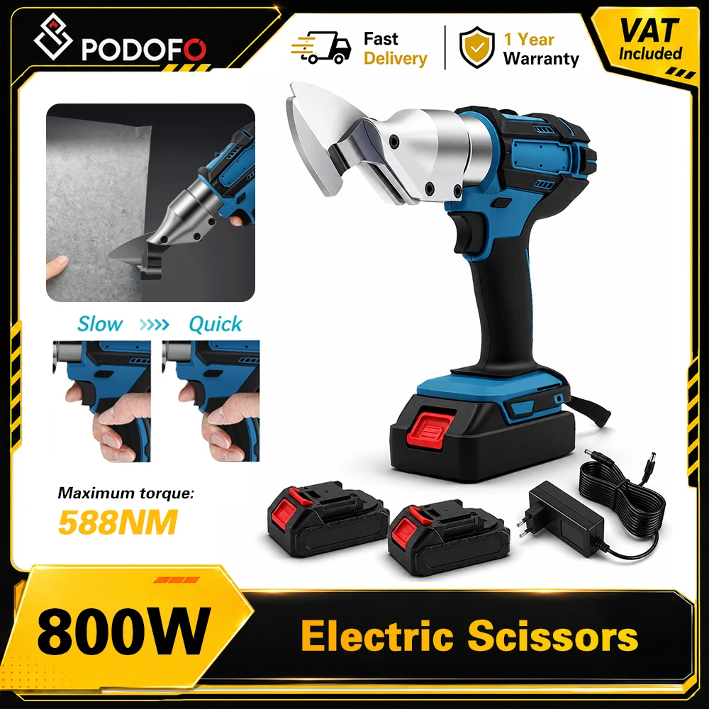 Elektryczne nożyce do metalu Podofo Brushed Handheld Electric Metal Shears 360 ° Obrotowa Głowica, 2 Prędkości, Przenośne Narzędzie Tnące z Regulacją Prędkości do Stali Nierdzewnej, Blachy Żelaznej,