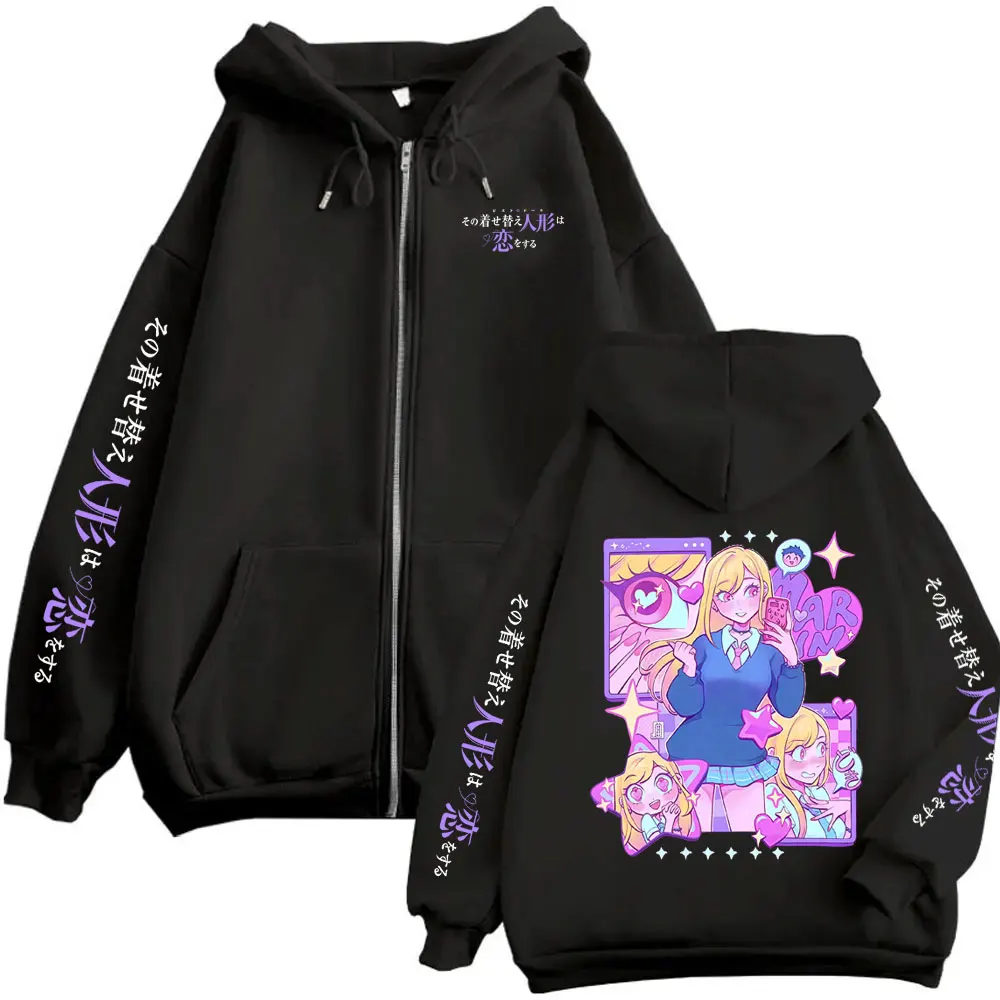 Anime My Dress Up Darling Graphic Zipper Hoodie Manga Kitagawa Marin Merch Zip Up Jacket Men Women Y2k Cosplay Zip Up Sweatshirt