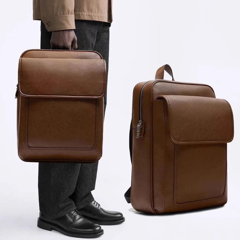 حقيبة ظهر رجالية فاخرة باللون البني مقاس 14 بوصة للكمبيوتر المحمول مقاومة للماء من جلد البولي يوريثان المحبب حقيبة ظهر مدرسية هدية للرجال