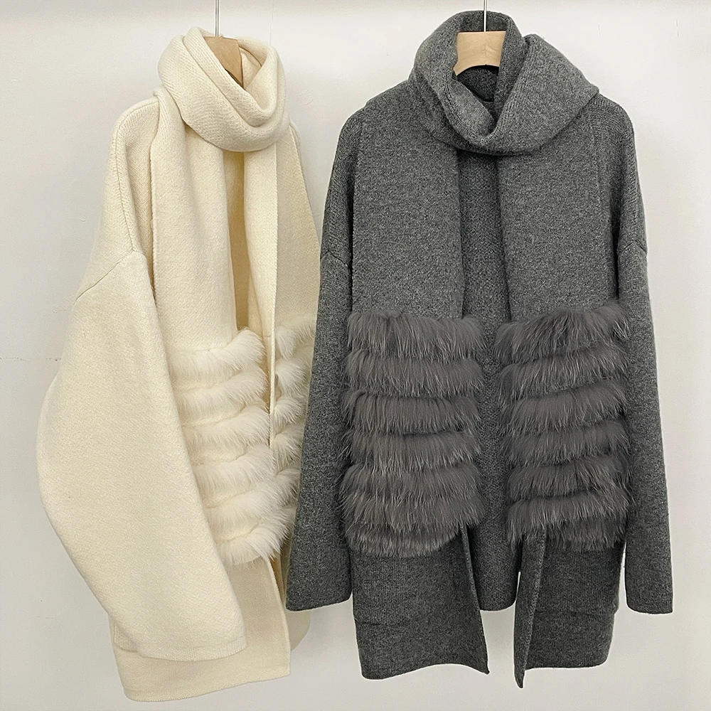 Oftbuy camisola feminina oversize casaco de malha jaqueta de pele de raposa real com pele de malha solta ajuste bolsos roupas femininas cardigan feminino