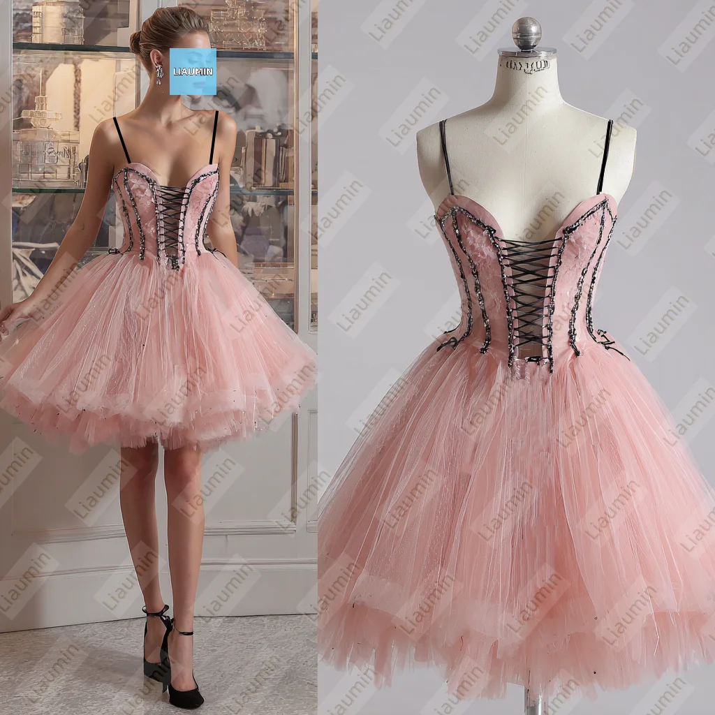 

Pink Tulle Spaghetti Straps Black Lace Applique Knee Length Evening Prom Wedding Formal Dress Lace-up Customized Made A7-1.35