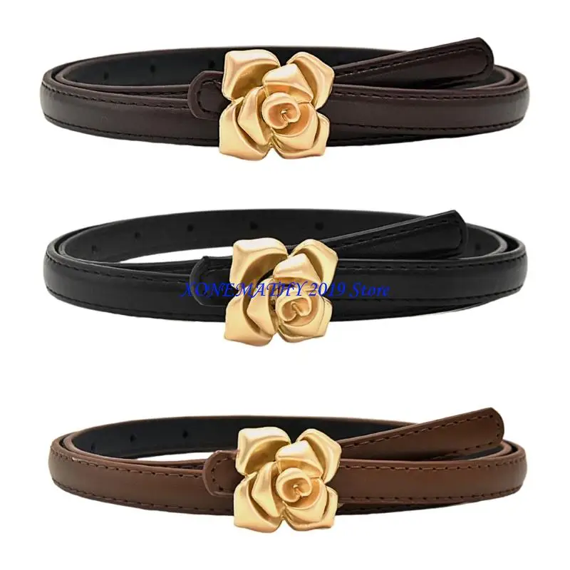 

F42F Женский тонкий регулируемый ремень из искусственной кожи с розовой пуговицей для повседневной одежды.