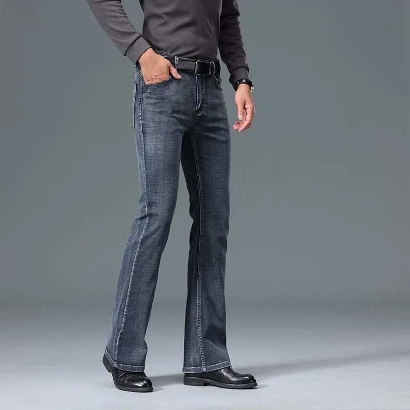 Men's Mid Waist Blue Grey Flare Jeans Casual
