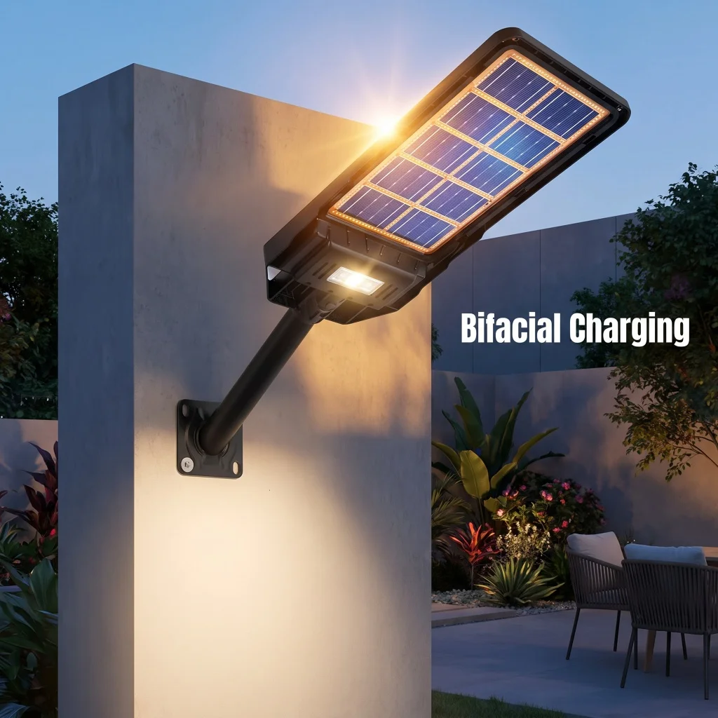 SDJJ-TYN Economic Version 300W Solar Outdoor Wall Lamp Bifacial Charging Reverse Charging COS Integrated Technology 204pcs 3535 LED Chips 1800LM 10AH Battery 12H Lighting 5-7 Days Rainy Day Backup IP65 Waterproof For Courtyard Street