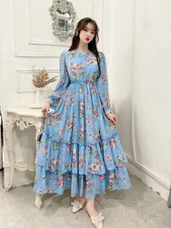 Floral Print Pleated Dress Women Chiffon Stand Collar Nine quarter sleeves Button Up Midi Dresses Summer 2024 New Vintage Dress