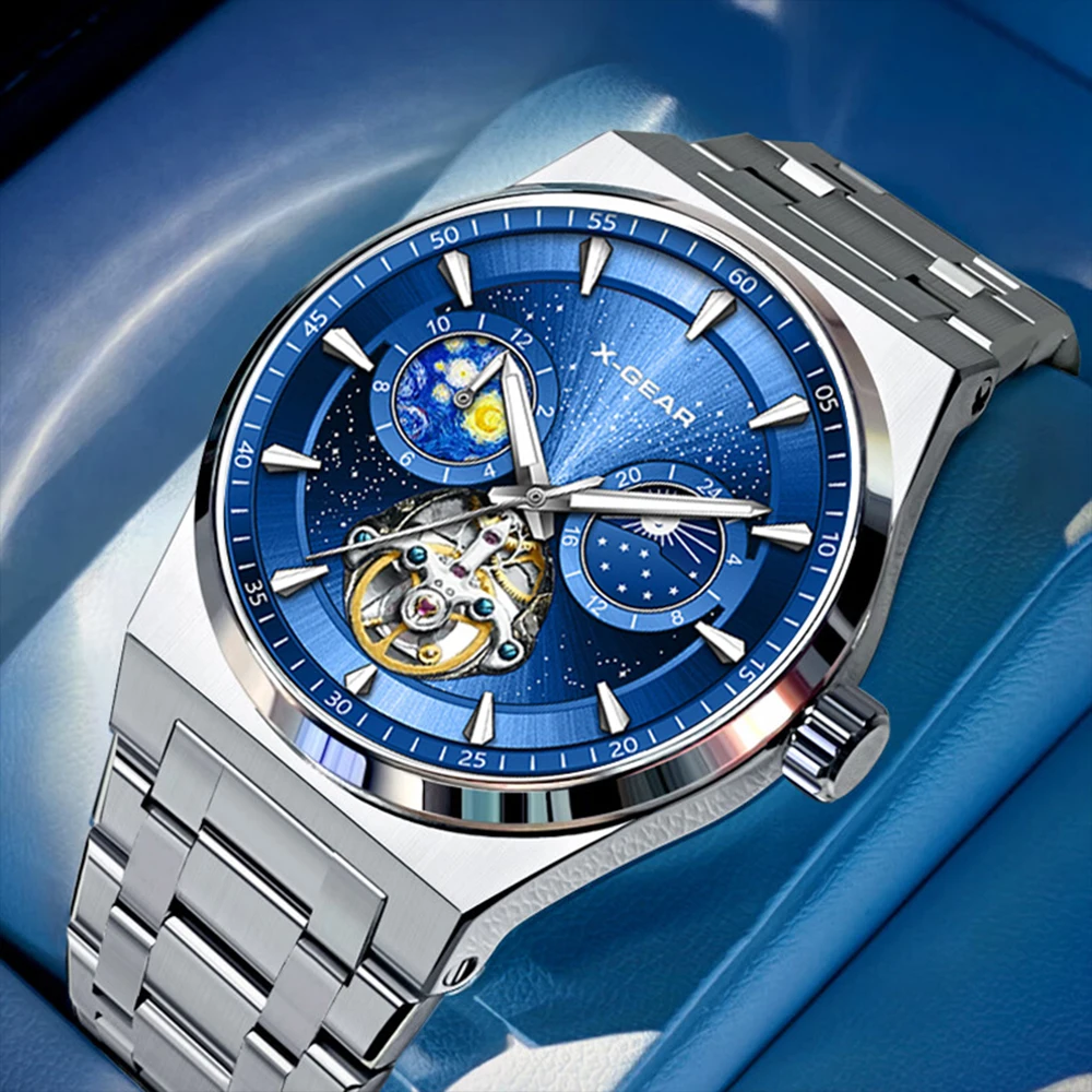 ساعة X-GEAR للرجال بحركة ميكانيكية وسوار من الفولاذ المقاوم للصدأ وهيكل عظمي ممتاز ومضيئة ومقاومة للماء