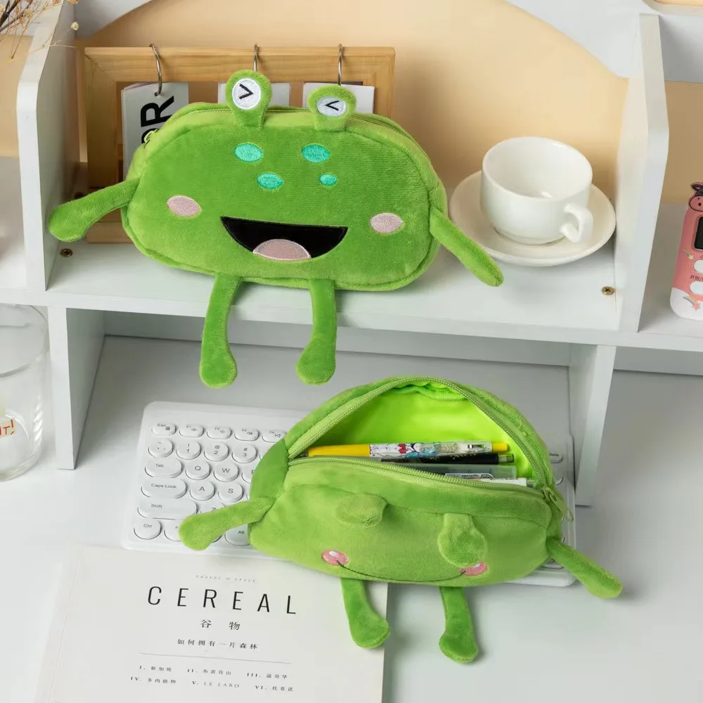 Funny plush big mouth frog pencil case with high appearance and large capacity stationery bag for students, portable desktop sto