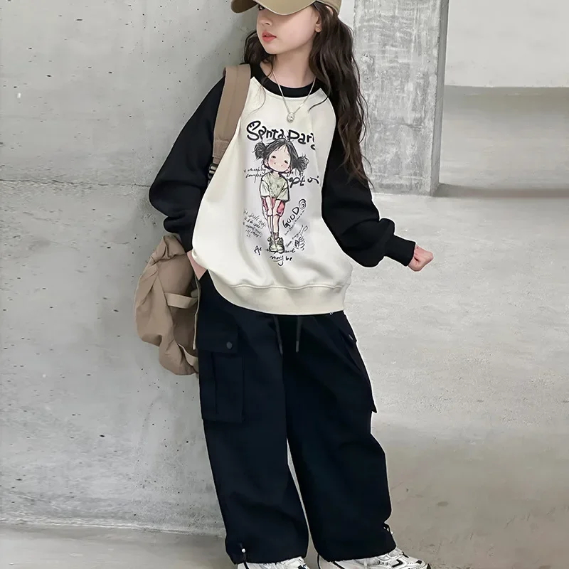 Girls Hoodie 2024 Autumn New Childrens Wear Korean Style Girl Baby Girl Printed Color Matching Round Neck Hoodie Casual Simple