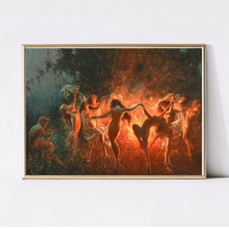 Joseph Tomanek Kunstwerk Poster Druck Hexen Magie Nymphen Feuer Tanz Leinwand Gemälde Großes Retro Wandbild Wohnzimmer Heim Deko