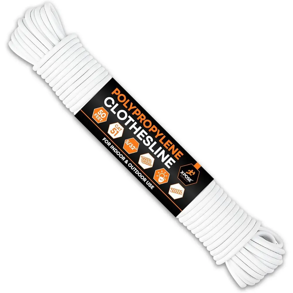 50ft White Braided Plastic Clothesline Rope, Outdoor Weather-Resistant Laundry Line for Hanging and Drying Clothes