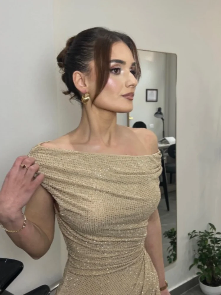 Women's Luxury Nude Sequin Mermaid Prom Dress Off-shoulder Ruched Sparkly Crystals Formal Party Gown Floor-length Evening Dress