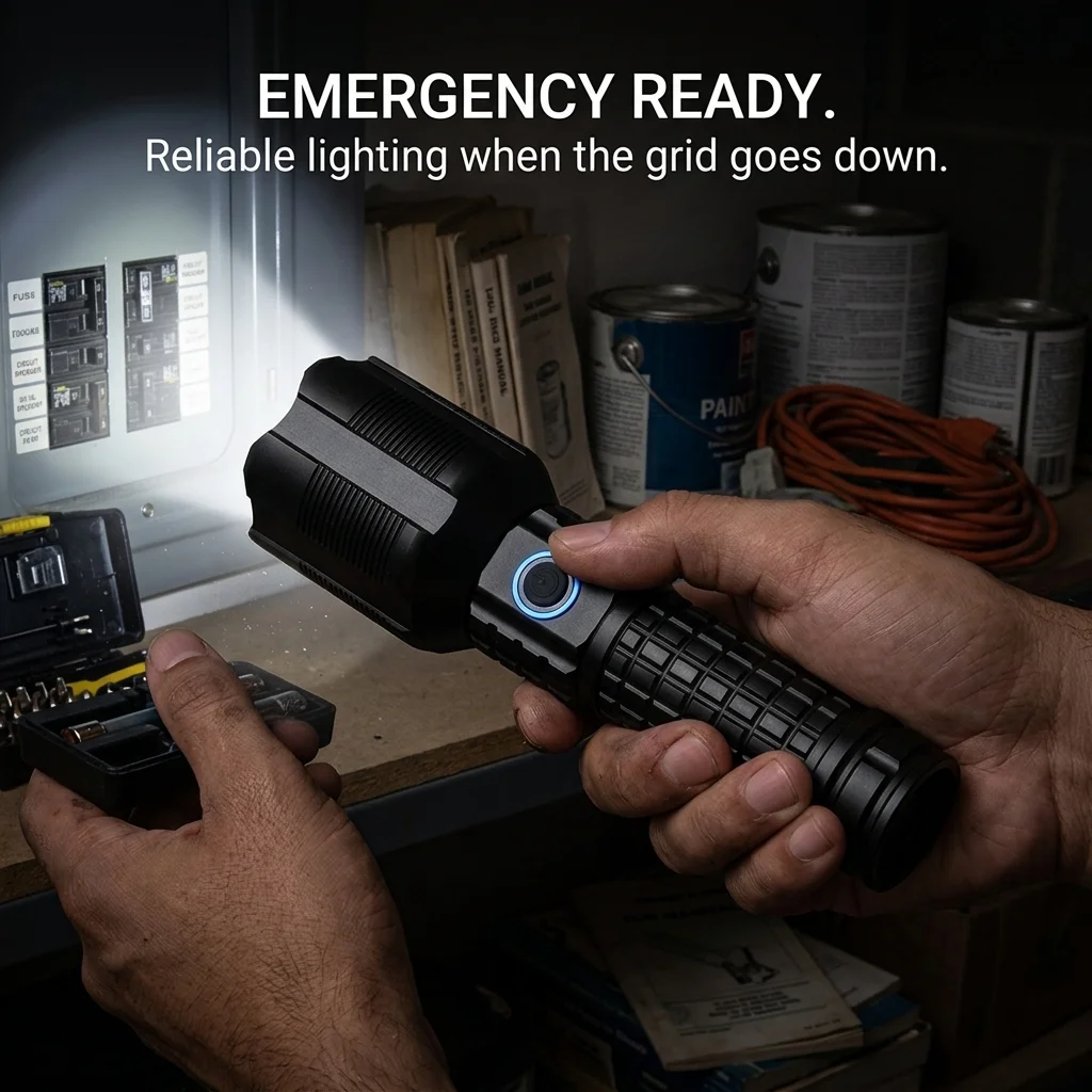 

Outdoor zoom flashlight with hanging rope rechargeable ultra bright long lens anti slip handle flashlight
