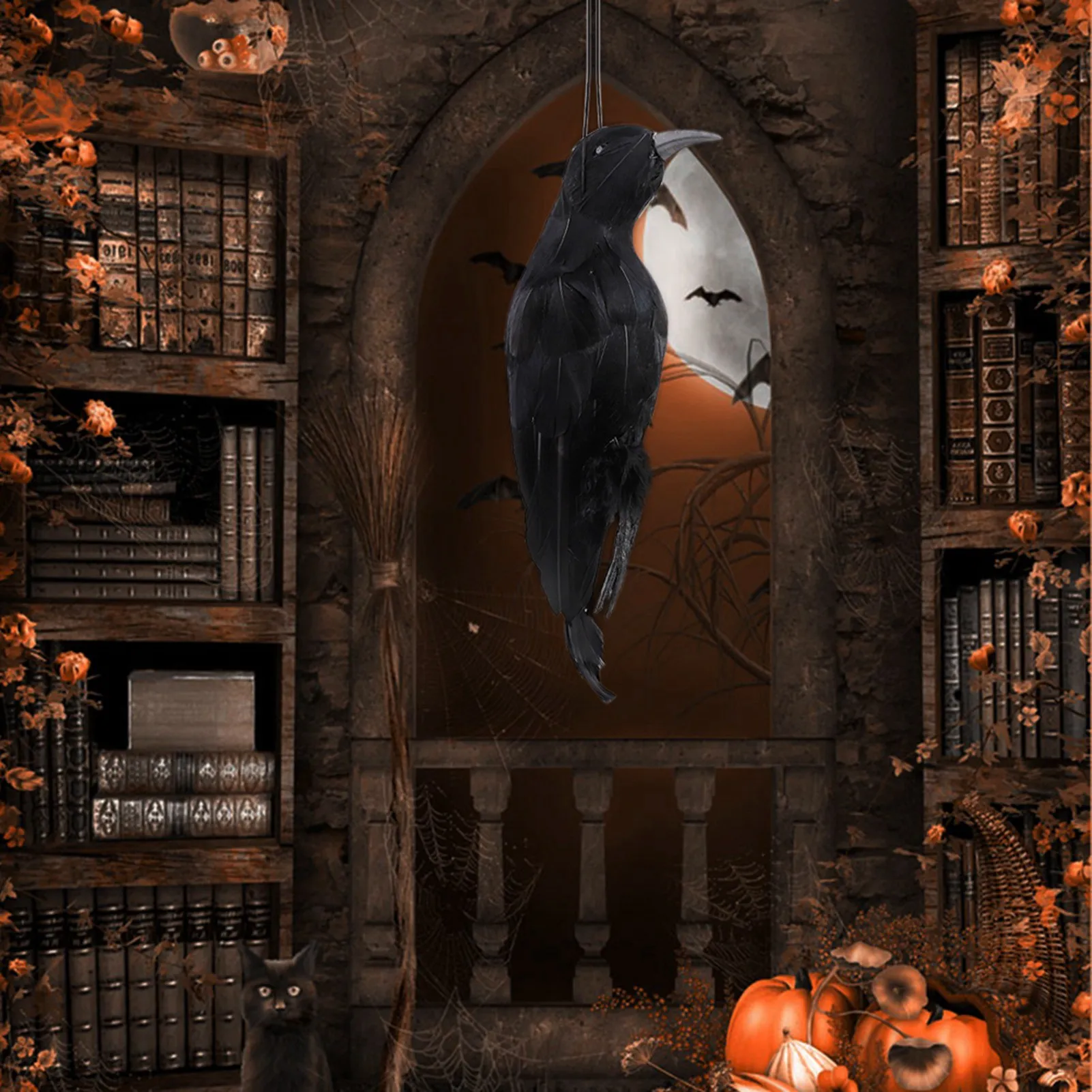 Gestimuleerde realistische hangende kraai Zwart gevederde vogel Halloween Bar Ornamenten Enge Prop Outdoor Garden Yard Crow Prop Decor